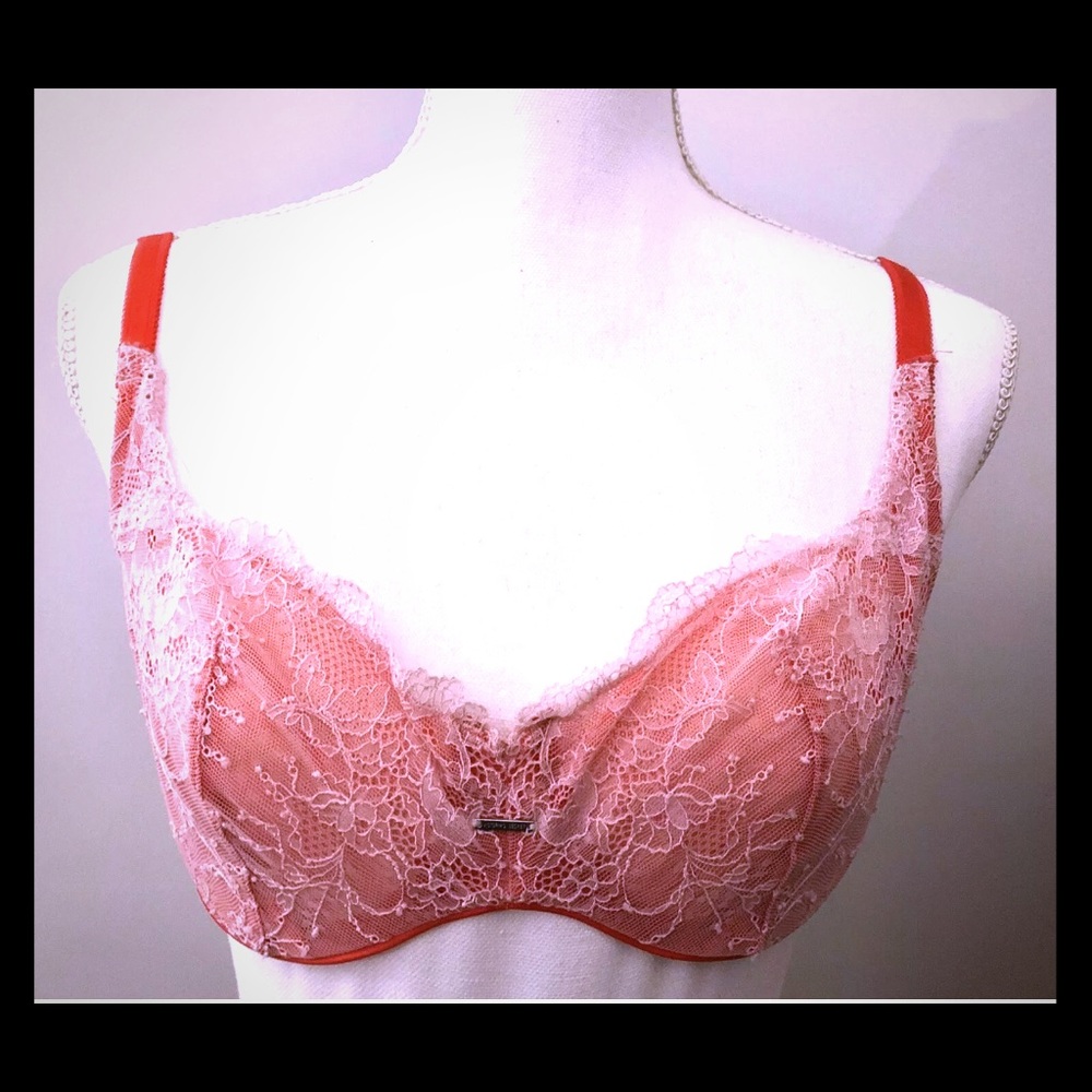 Victorias Secret Bra 34D Red Demi Embroidered Lace